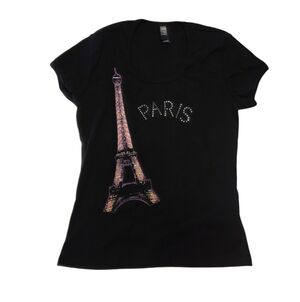 Vintage Laundry By Shelli Segal Black Eiffel Tower Tee XS Bling Y2K Tiny T-shirt